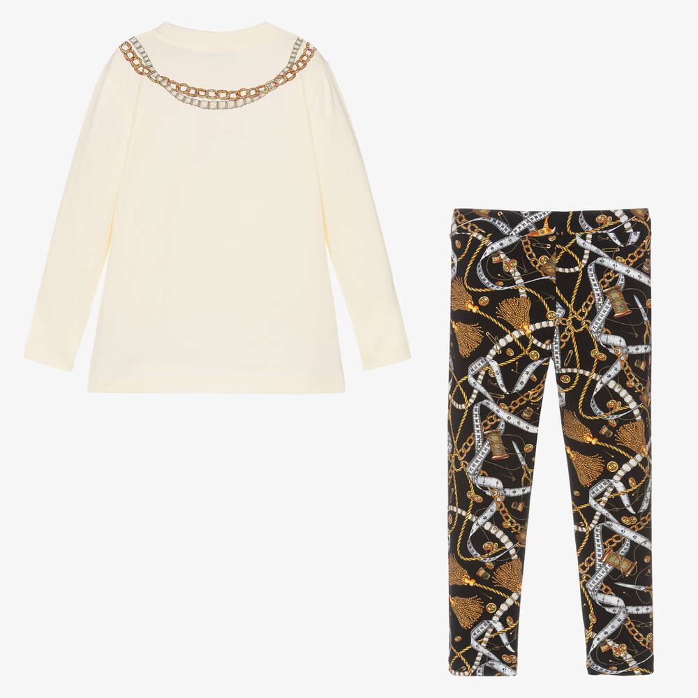 Moschino Кид-Тин-Кремовый топ и черные легинсы из хлопка | Childrensalon Outlet