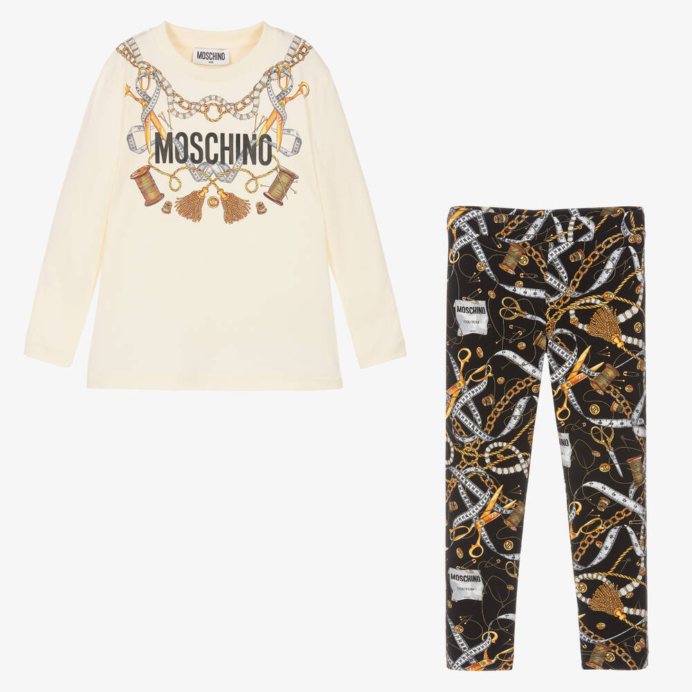 Moschino Кид-Тин-Кремовый топ и черные легинсы из хлопка | Childrensalon Outlet