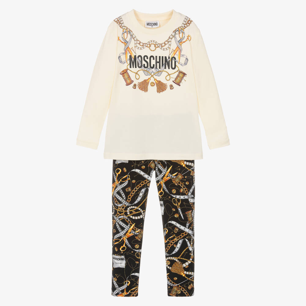 Moschino Kid-Teen - Кремовый топ и черные легинсы из хлопка | Childrensalon