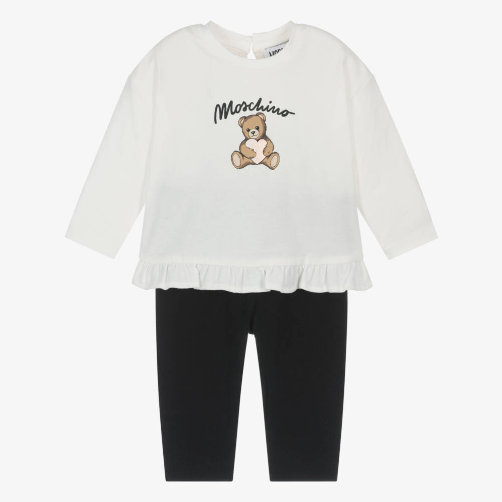 Moschino-Girls Ivory & Black Teddy Heart Leggings Set | Childrensalon Outlet