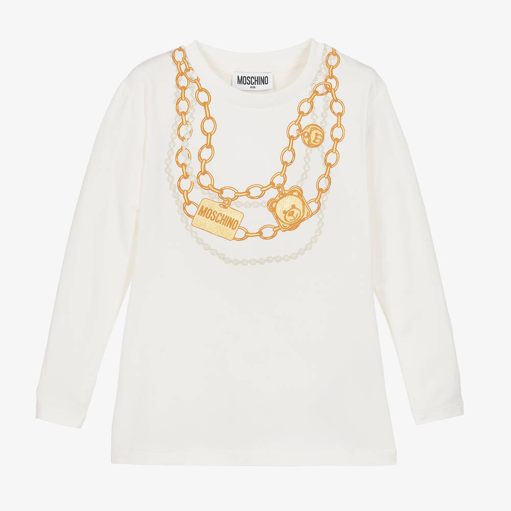 Moschino Kid-Teen - Girls Ivory Cotton Chain Logo Top | Childrensalon