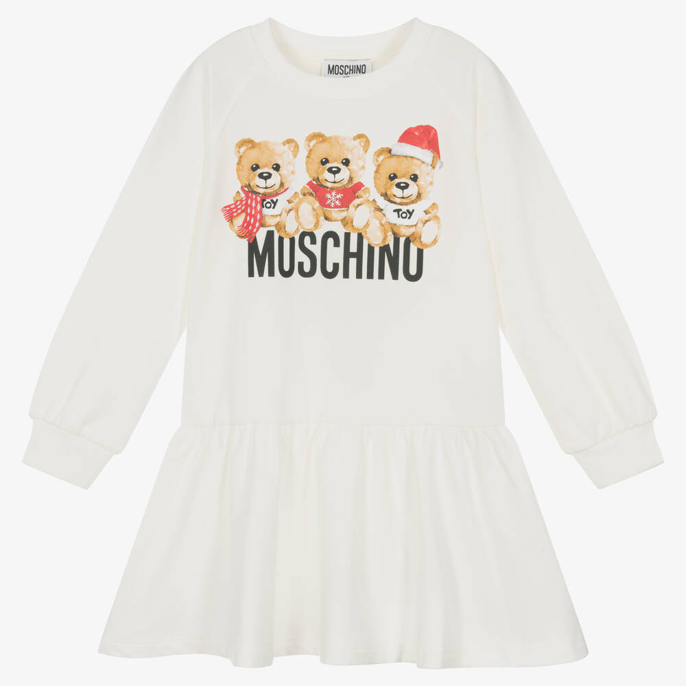 Moschino Kid-Teen - Girls Ivory Cotton Festive Teddies Dress | Childrensalon