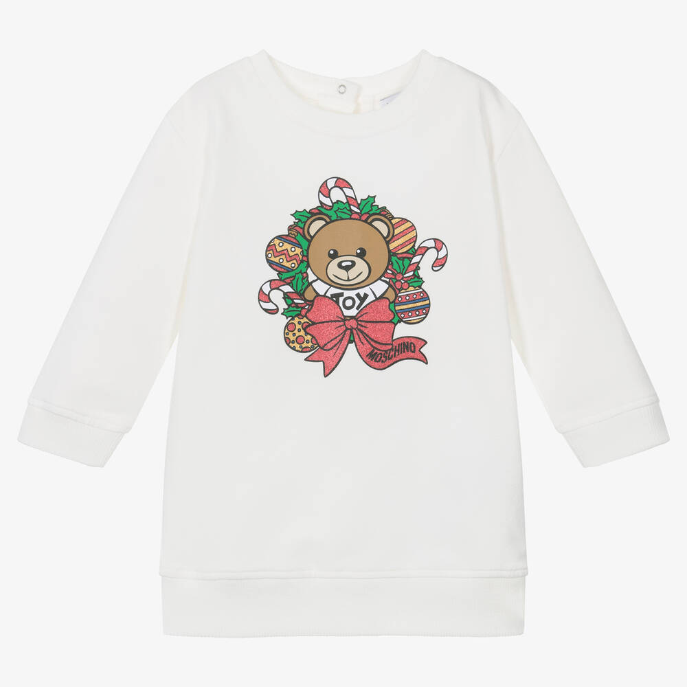 Moschino Baby - Girls Ivory Cotton Festive Teddy Bear Dress | Childrensalon