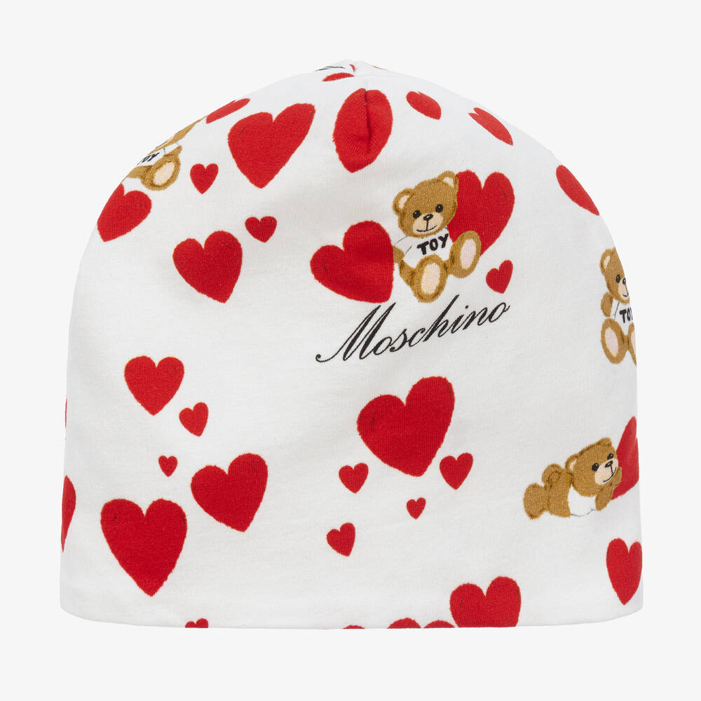 Moschino Kid-Teen - Elfenbeinfarbene Baumwollmütze mit Herzen- und Teddybärenmotiv für Mädchen | Childrensalon