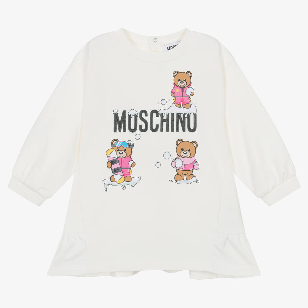 Moschino Baby - Girls Ivory Cotton Logo Dress | Childrensalon