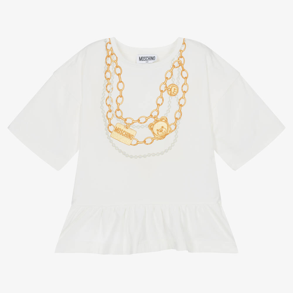 Moschino Kid-Teen-Girls Ivory Cotton Necklace T-Shirt | Childrensalon Outlet