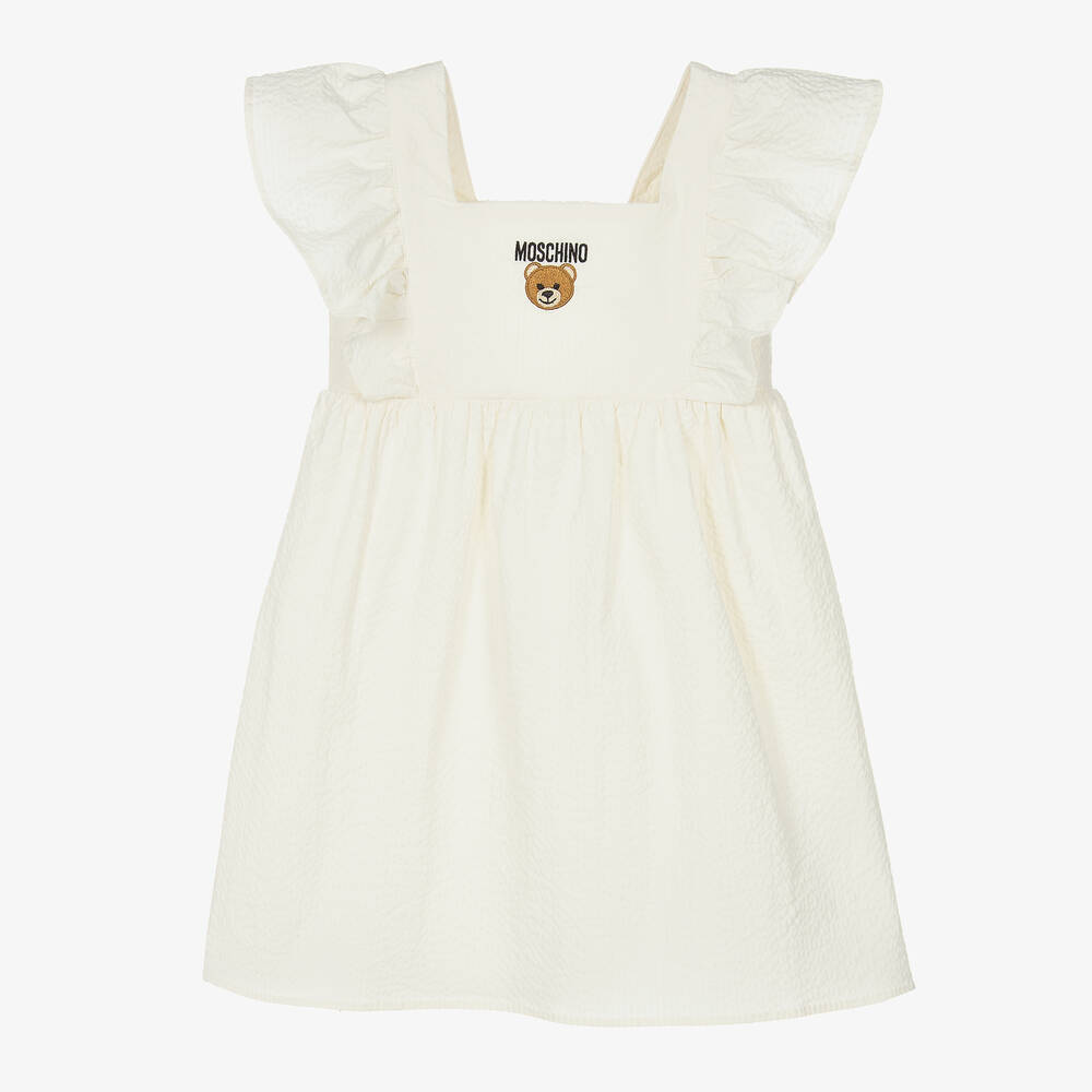 Moschino Kid-Teen - Girls Ivory Cotton Seersucker Logo Dress | Childrensalon