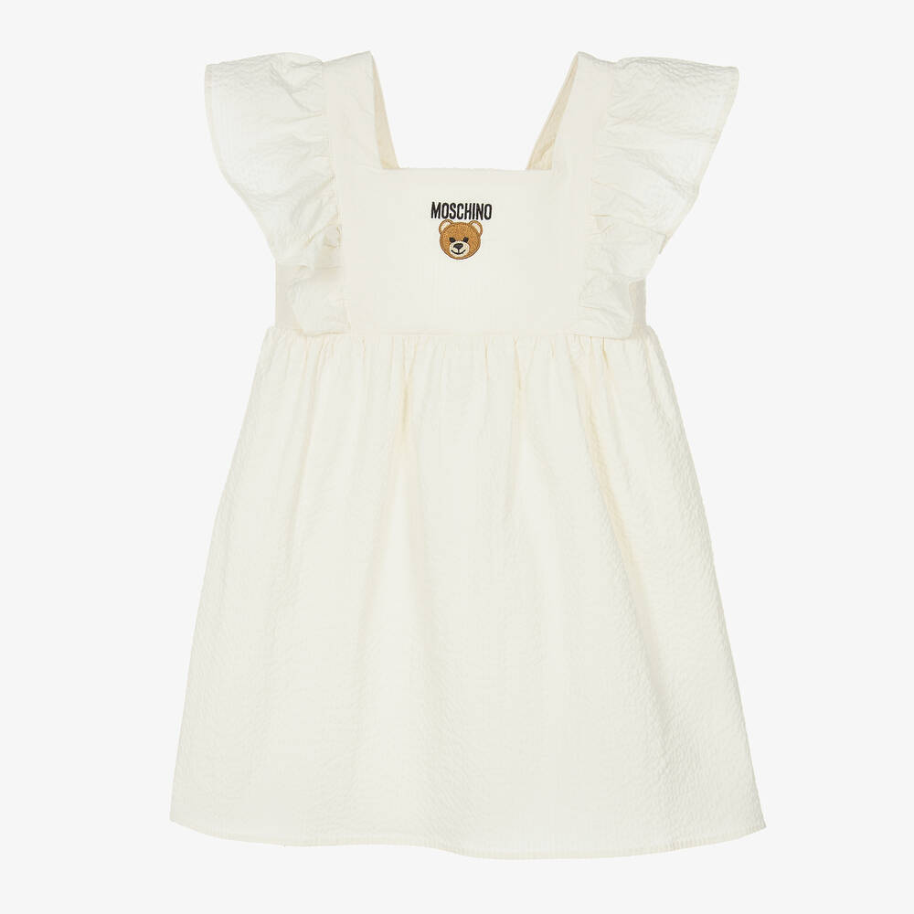 Moschino Kid-Teen-Girls Ivory Cotton Seersucker Logo Dress | Childrensalon Outlet