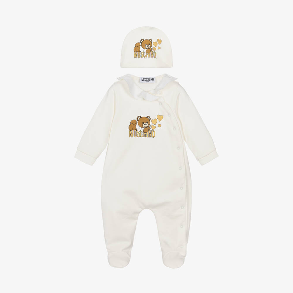 Moschino Baby-Girls Ivory Cotton Sleepsuit & Hat Set | Childrensalon Outlet