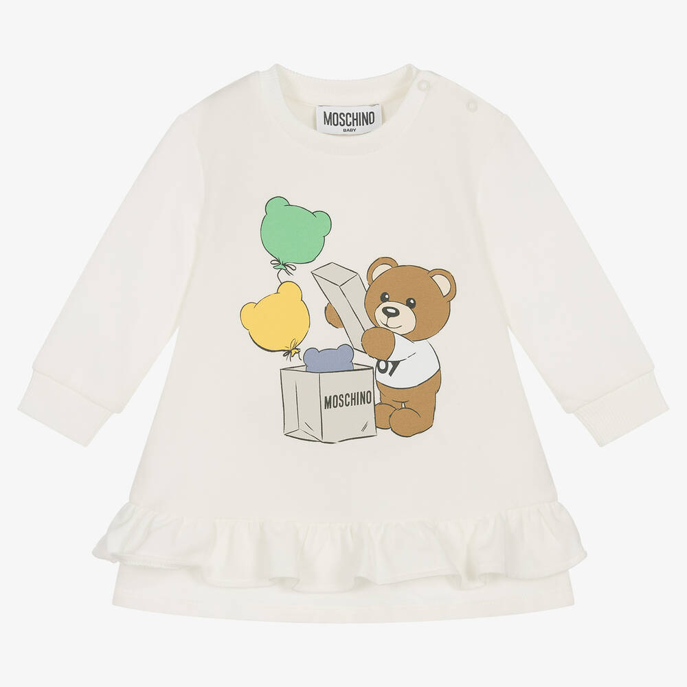 Moschino Baby - فستان بطبعة تيدي بير قطن جيرسي لون عاجي | Childrensalon