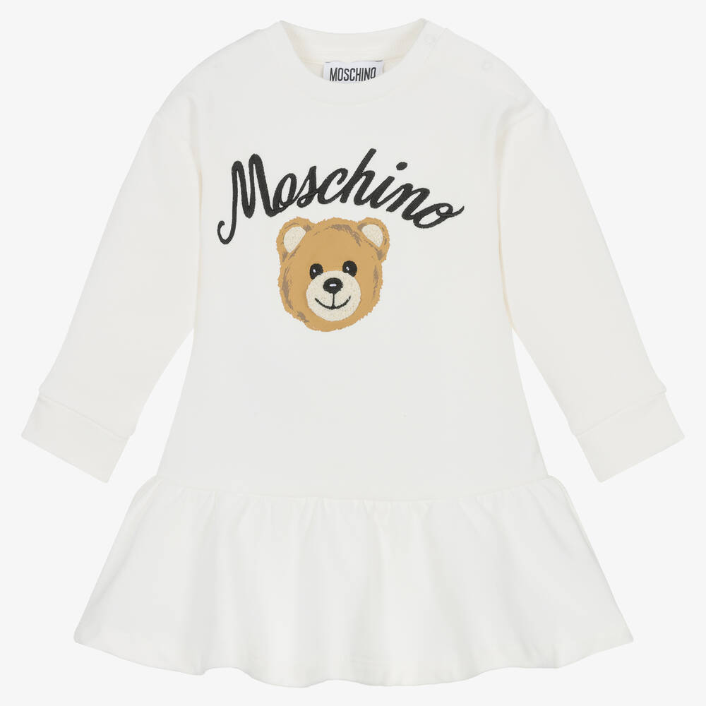 Moschino Малыши-Кремовое хлопковое платье с медвежонком | Childrensalon Outlet