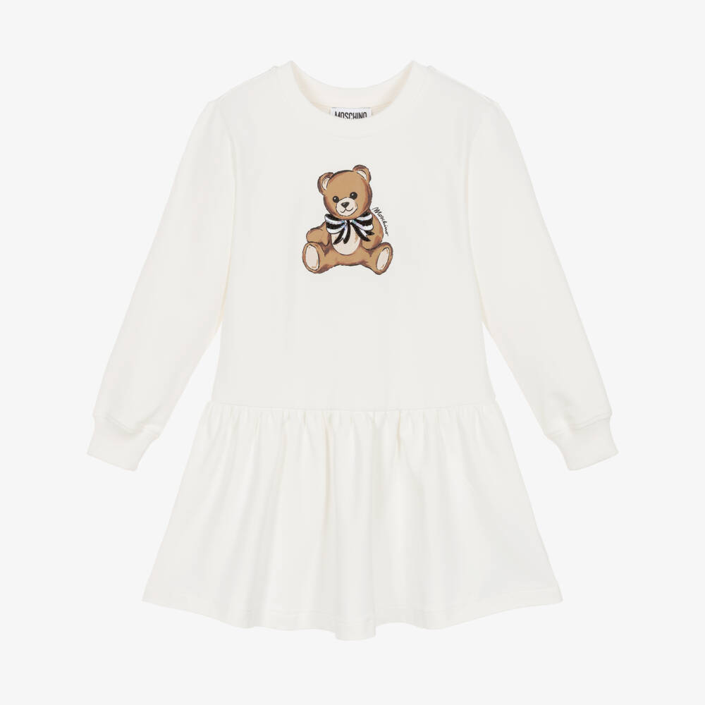 Moschino-Girls Ivory Cotton Teddy Bear Dress with Sequinned Bow | Childrensalon Outlet
