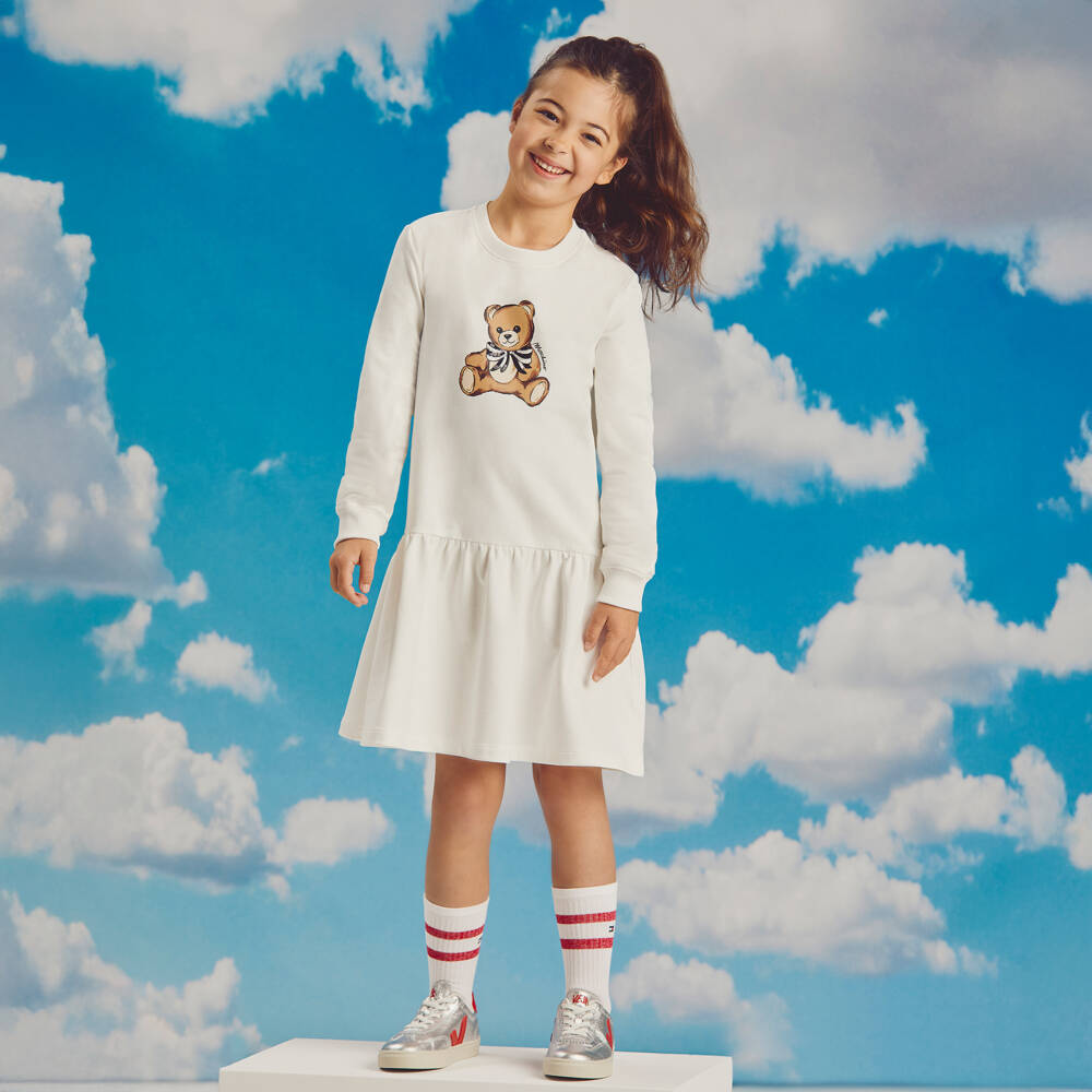 Moschino-Girls Ivory Cotton Teddy Bear Dress with Sequinned Bow | Childrensalon Outlet