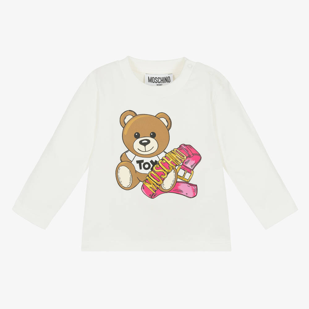 Moschino Baby - Girls Ivory Cotton Teddy Bear Top | Childrensalon