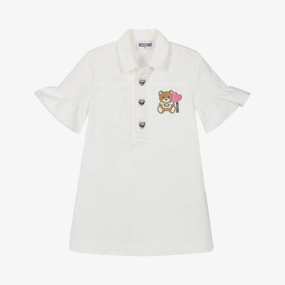 Moschino-فستان بناتي عاجي من الدنيم مع دب | Childrensalon Outlet