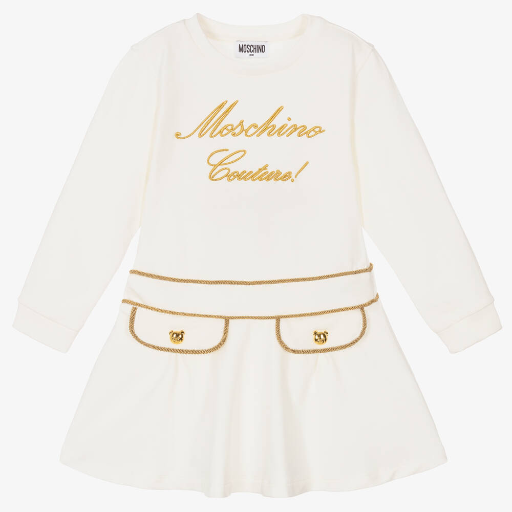 Moschino Kid-Teen - Кремовое хлопковое платье с золотистыми деталями для девочек | Childrensalon