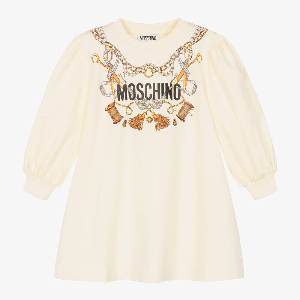 Moschino Kid-Teen - Кремовое платье из хлопкового джерси с золотистым декором | Childrensalon