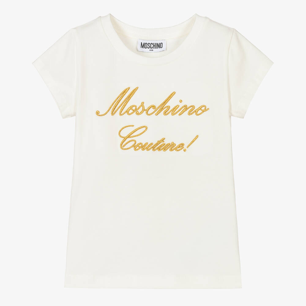 Moschino Kid-Teen-Girls Ivory & Gold Logo T-Shirt | Childrensalon Outlet