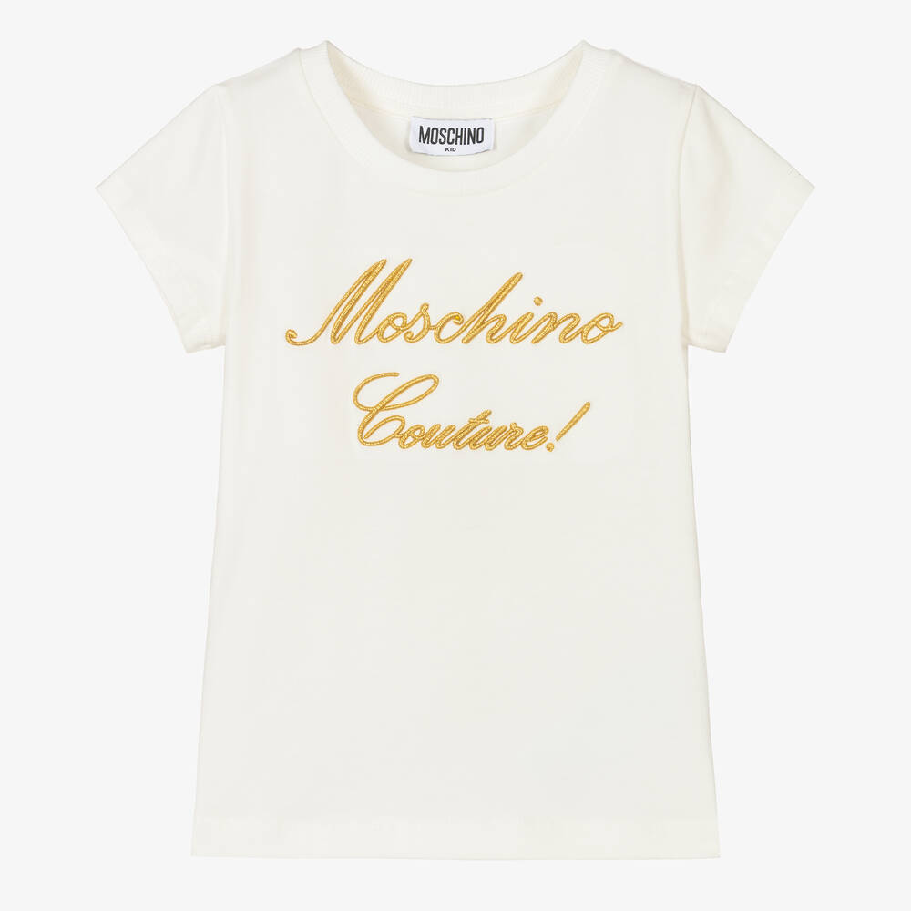 Moschino Kid-Teen - Кремовая футболка с золотистым логотипом для девочек | Childrensalon