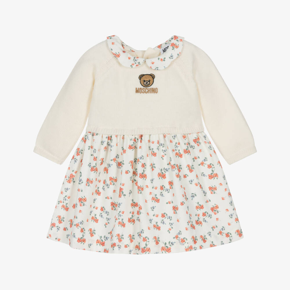 Moschino-Кремовое вязаное платье с цветочным узором для девочек | Childrensalon Outlet