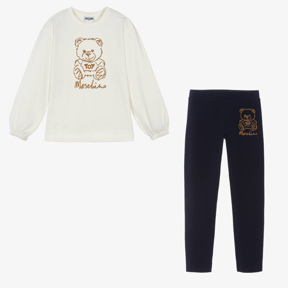 Moschino Kid-Teen-Girls Ivory & Navy Teddy Leggings Outfit | Childrensalon Outlet