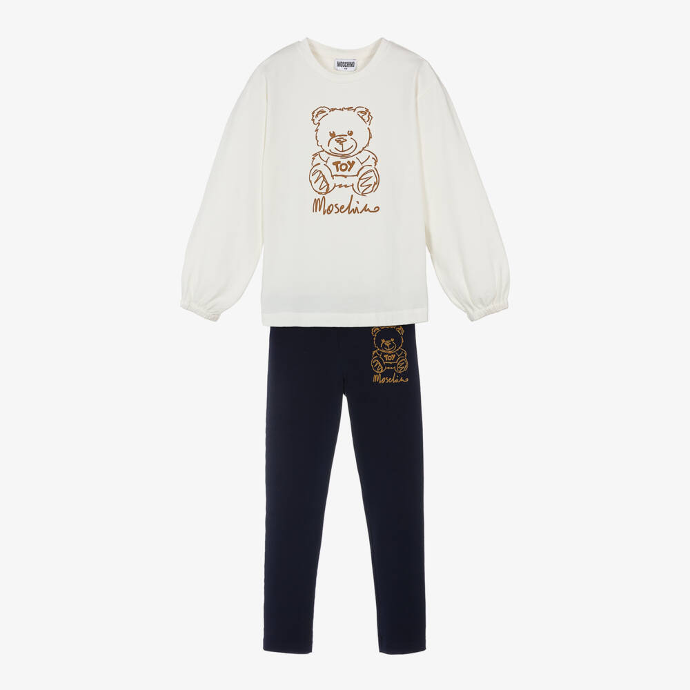 Moschino Kid-Teen-طقم ليقنز تيدي بير قطن لون أزرق وعاجي للبنات | Childrensalon Outlet