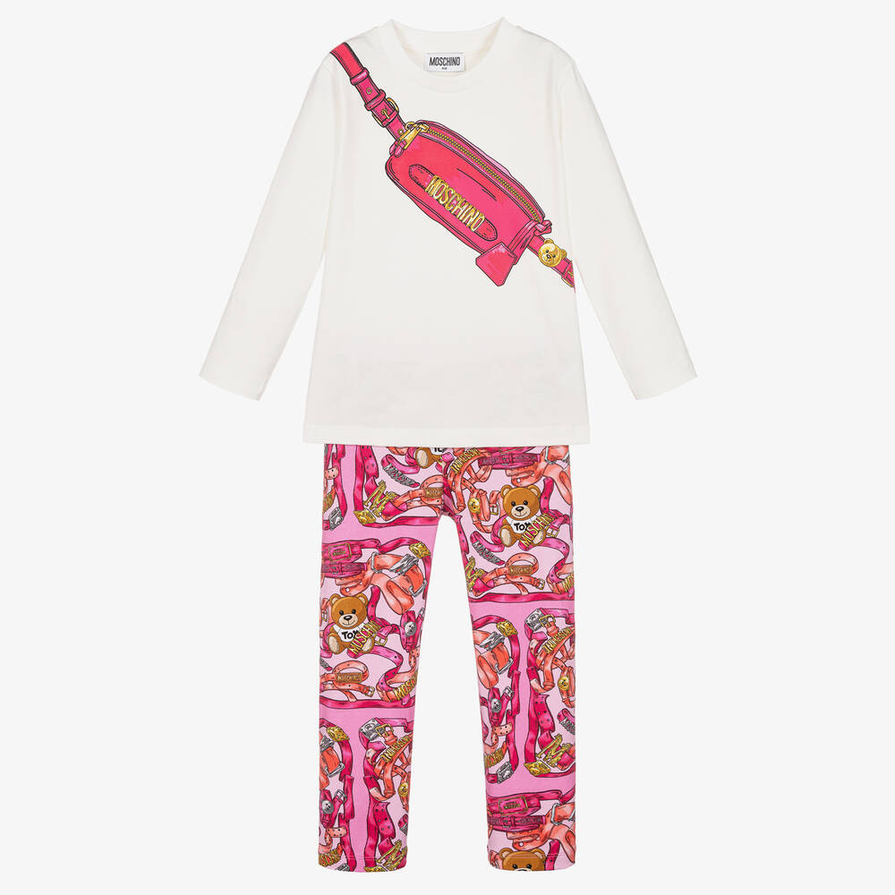 Moschino Kid-Teen - Girls Ivory & Pink Cotton Leggings Set | Childrensalon