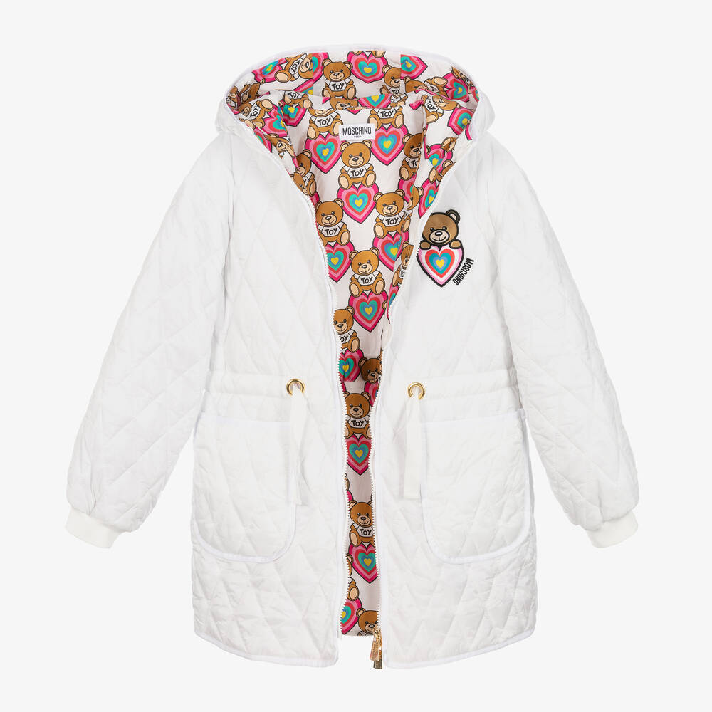 Moschino Kid-Teen-Girls Ivory Quilted Teddy Bear Logo Coat | Childrensalon Outlet