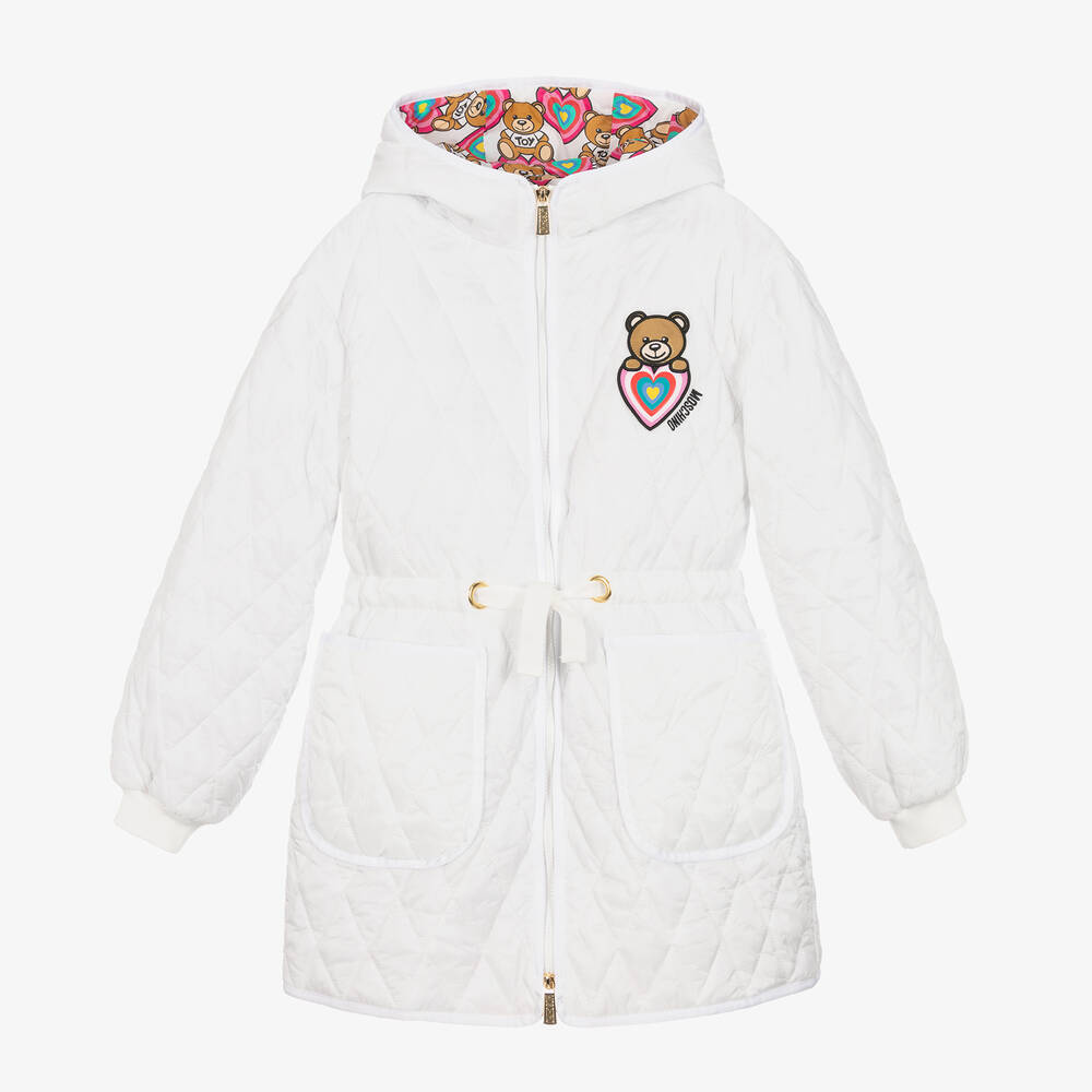 Moschino Kid-Teen - Girls Ivory Quilted Teddy Bear Logo Coat | Childrensalon