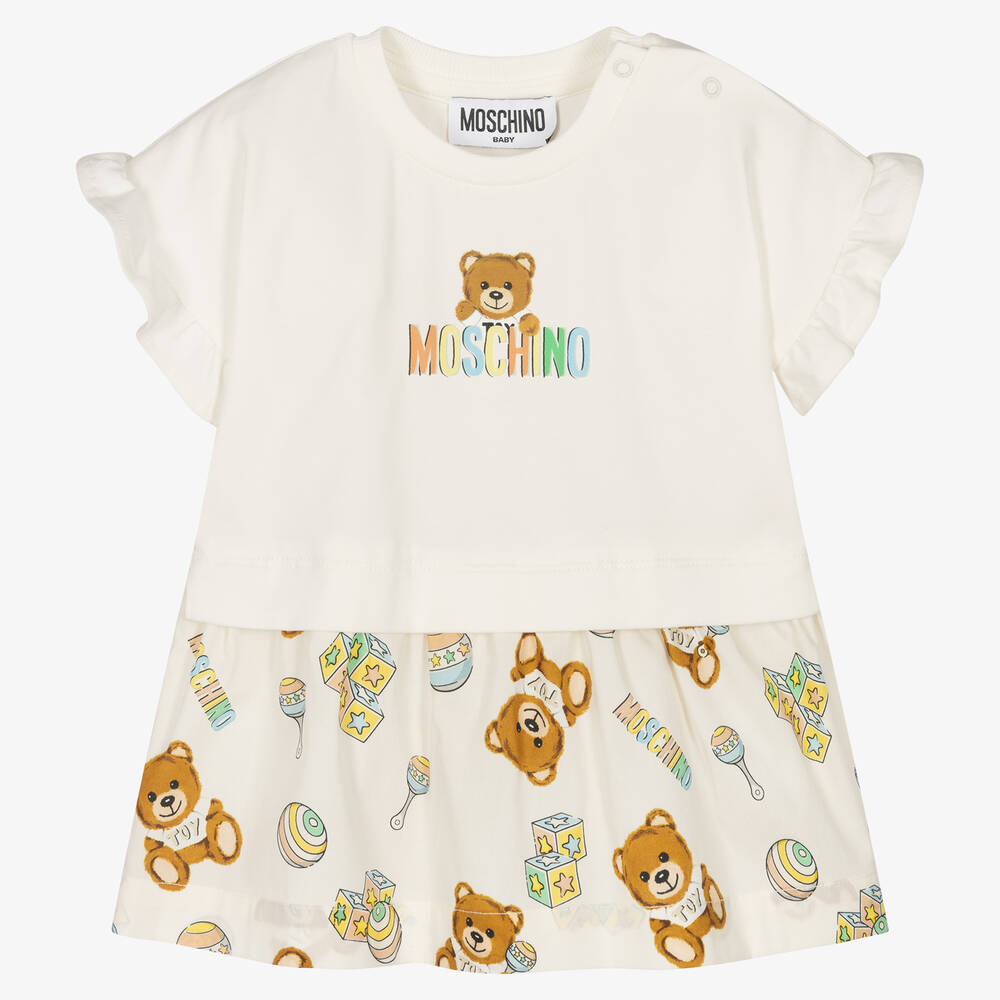 Moschino Baby - Girls Ivory Teddy Bear Cotton Dress | Childrensalon