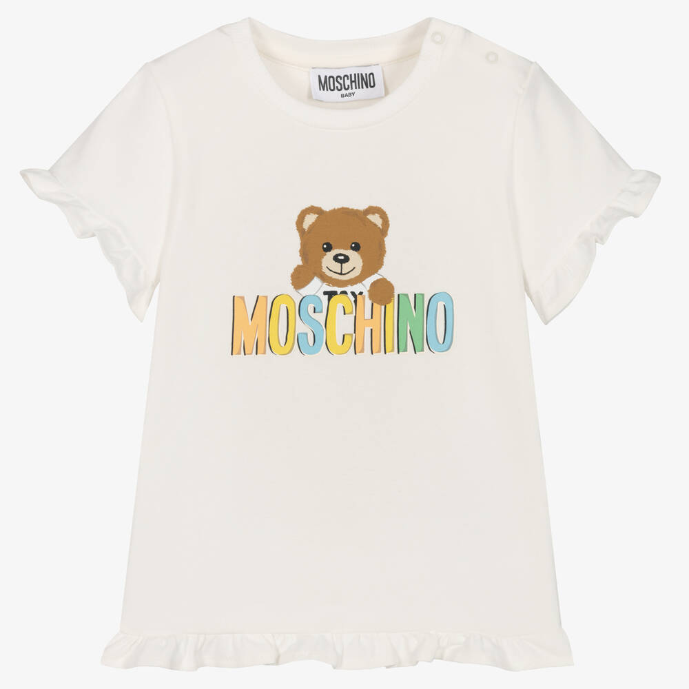 Moschino Baby - Girls Ivory Teddy Logo Cotton T-Shirt | Childrensalon