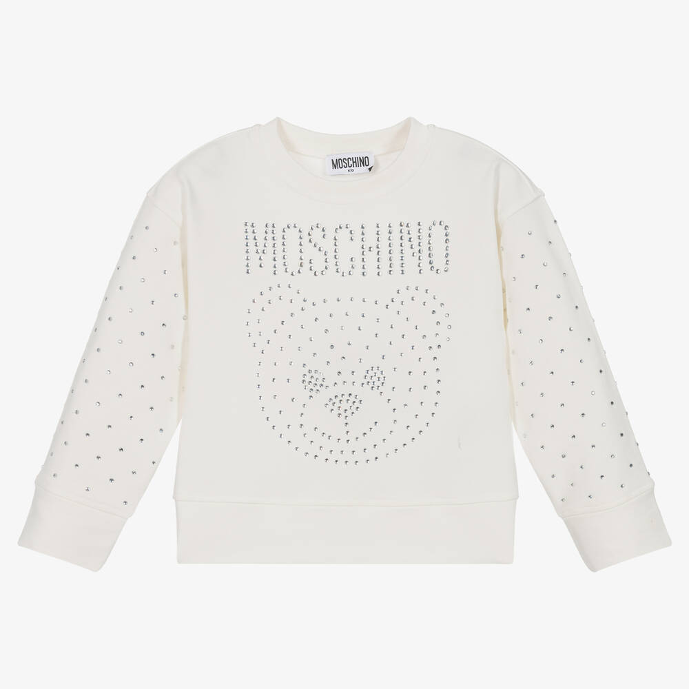 Moschino Kid-Teen - Girls Ivory Teddy Logo Rhinestone Sweatshirt | Childrensalon