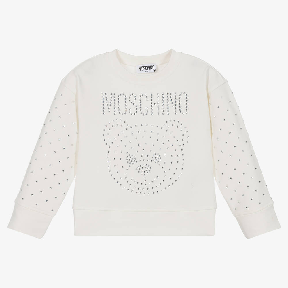 Moschino Kid-Teen-Girls Ivory Teddy Logo Rhinestone Sweatshirt | Childrensalon Outlet