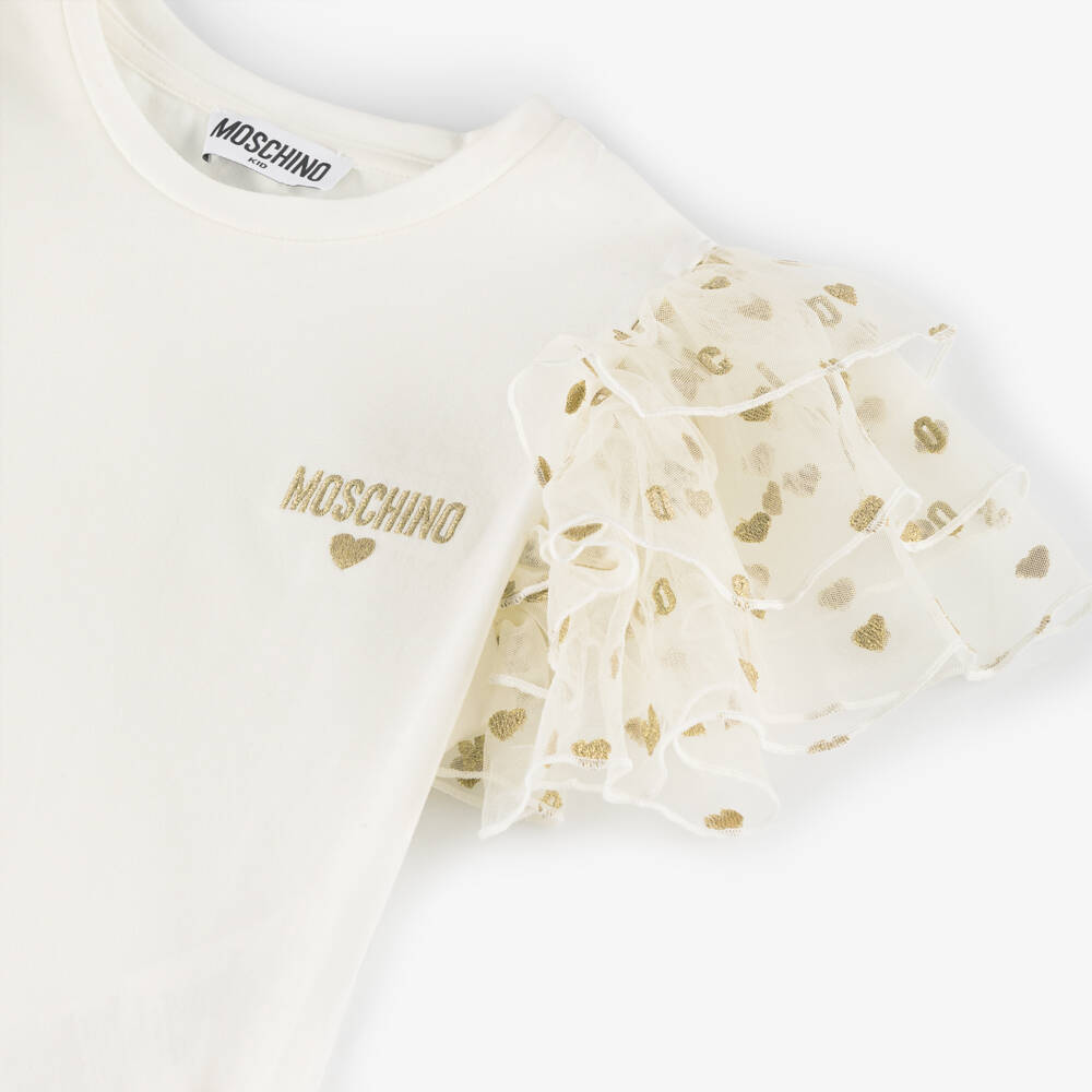 Moschino-Кремовая футболка из тюля с сердцем для девочек | Childrensalon Outlet