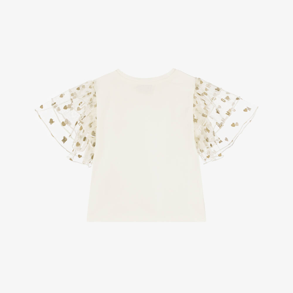 Moschino-Кремовая футболка из тюля с сердцем для девочек | Childrensalon Outlet