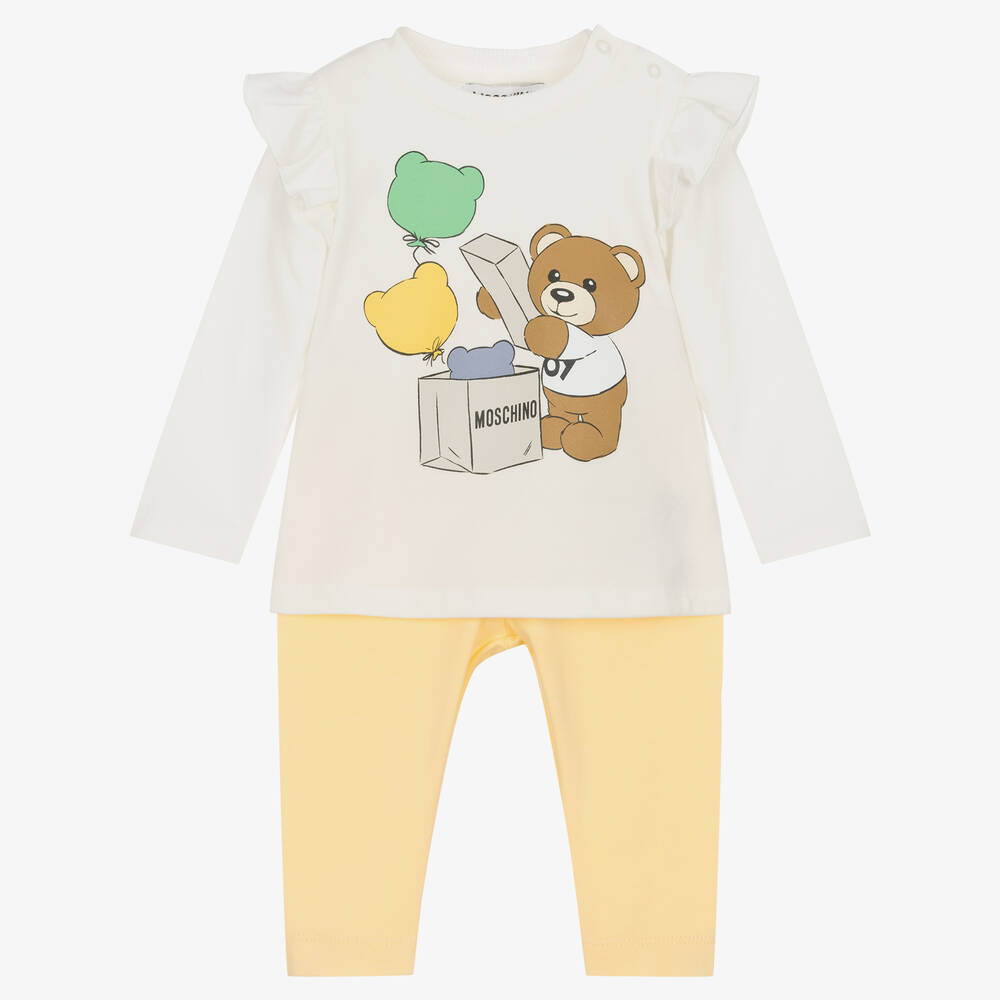 Moschino Baby - طقم ليقنز  قطن جيرسي لون عاجي وأصفر للبنات | Childrensalon