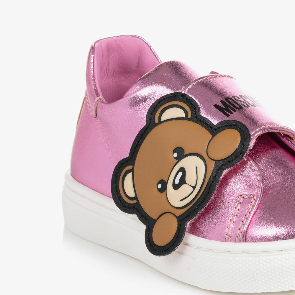 Moschino Kid Teen Girls Metallic Pink Leather Teddy Bear Trainers
