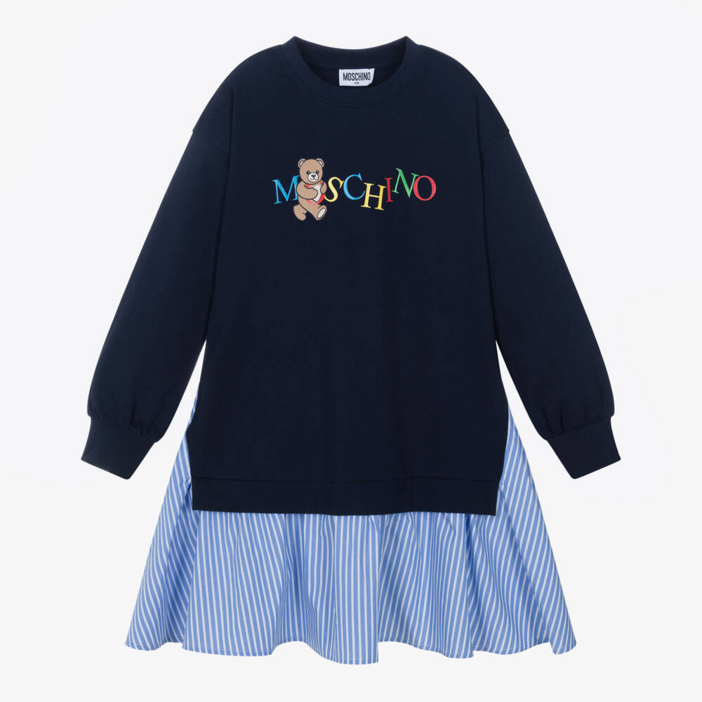 Moschino-Girls Navy Blue Cotton Dress with Colourful Logo | Childrensalon Outlet