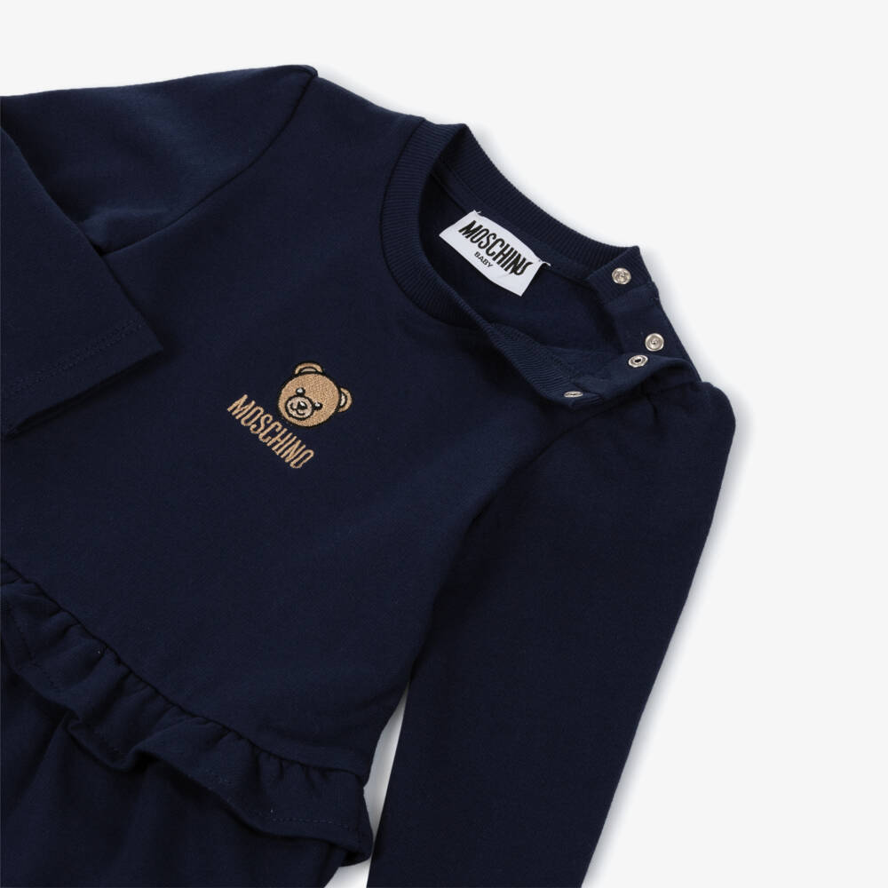 Moschino-Girls Navy Blue Cotton Jersey Dress with Gold Teddy Logo | Childrensalon Outlet