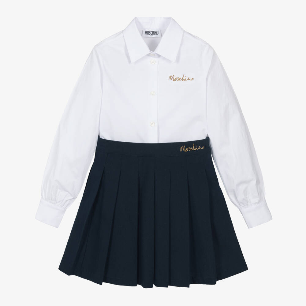 Moschino Kid-Teen-طقم تنورة قطن لون أبيض وأزرق | Childrensalon Outlet
