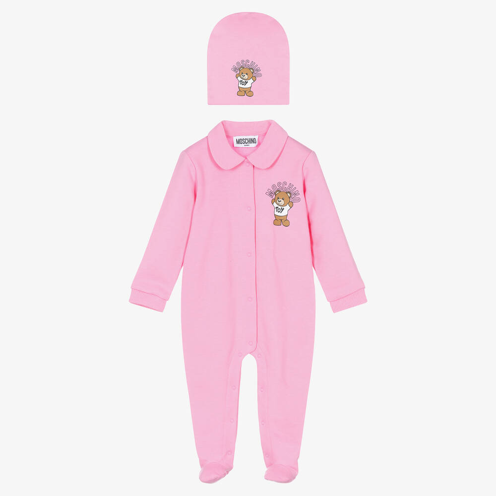 Moschino Baby - Girls Pink Cotton Babygrow & Hat Set | Childrensalon