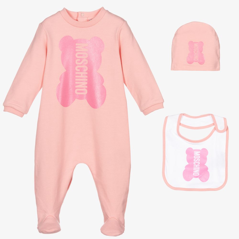 Moschino Baby - Girls Pink Cotton Babygrow Set  | Childrensalon