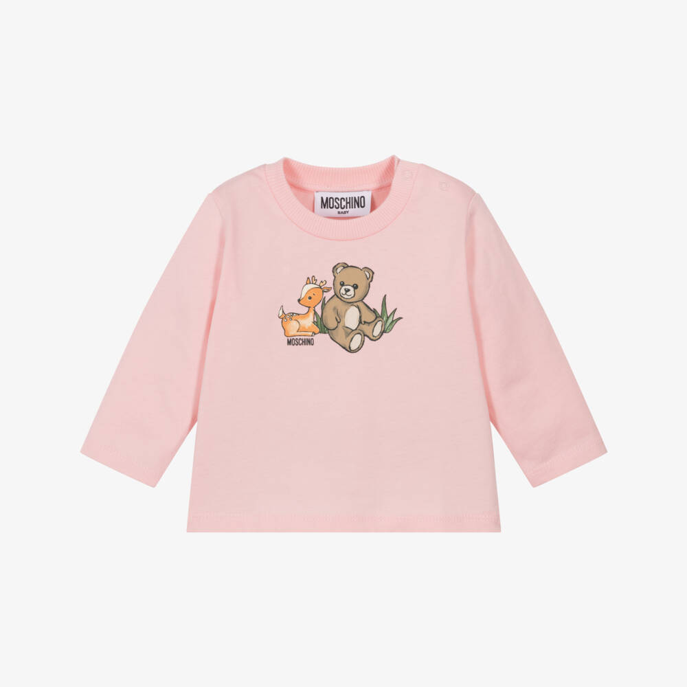 Moschino-Розовый хлопковый топ с медведем и оленем для девочек | Childrensalon Outlet