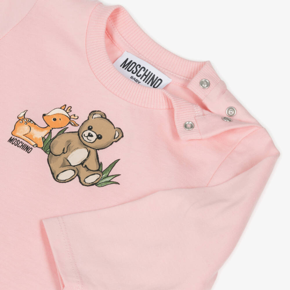 Moschino-Розовый хлопковый топ с медведем и оленем для девочек | Childrensalon Outlet