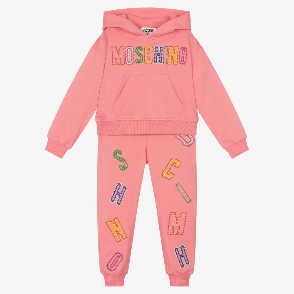 Moschino Kid-Teen - Girls Pink Cotton Embroidered Logo Tracksuit | Childrensalon