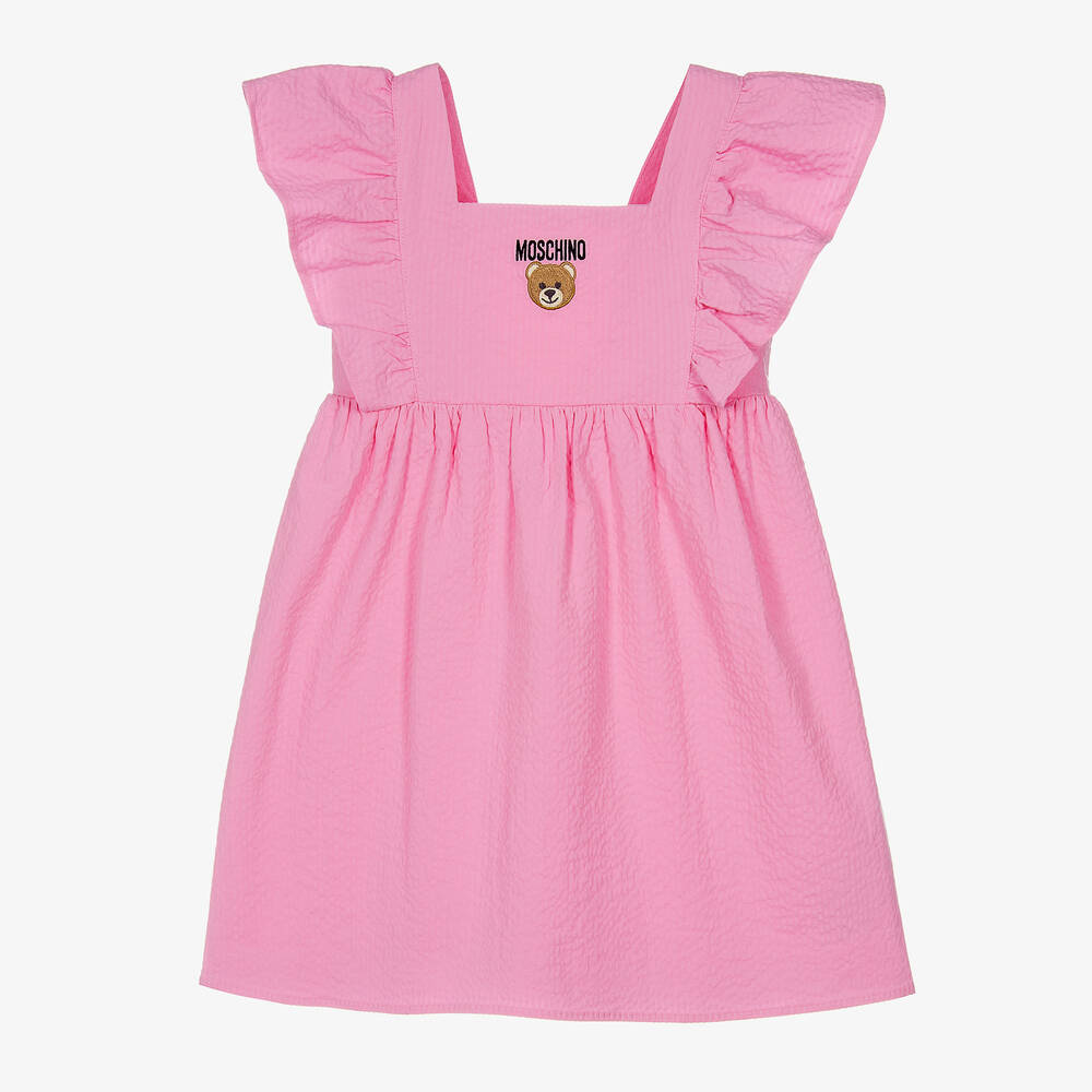 Moschino Kid-Teen - Girls Pink Cotton Seersucker Logo Dress | Childrensalon