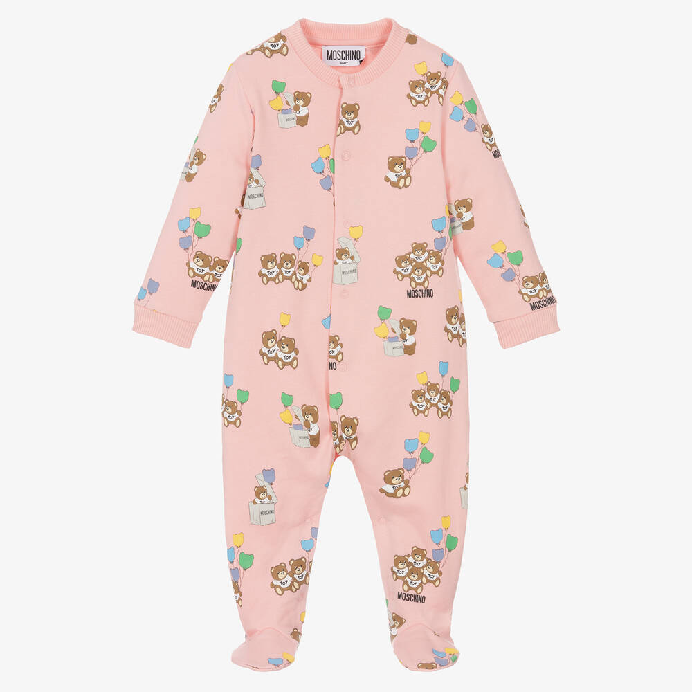 Moschino Baby - Girls Pink Cotton Teddy Bear Babygrow | Childrensalon