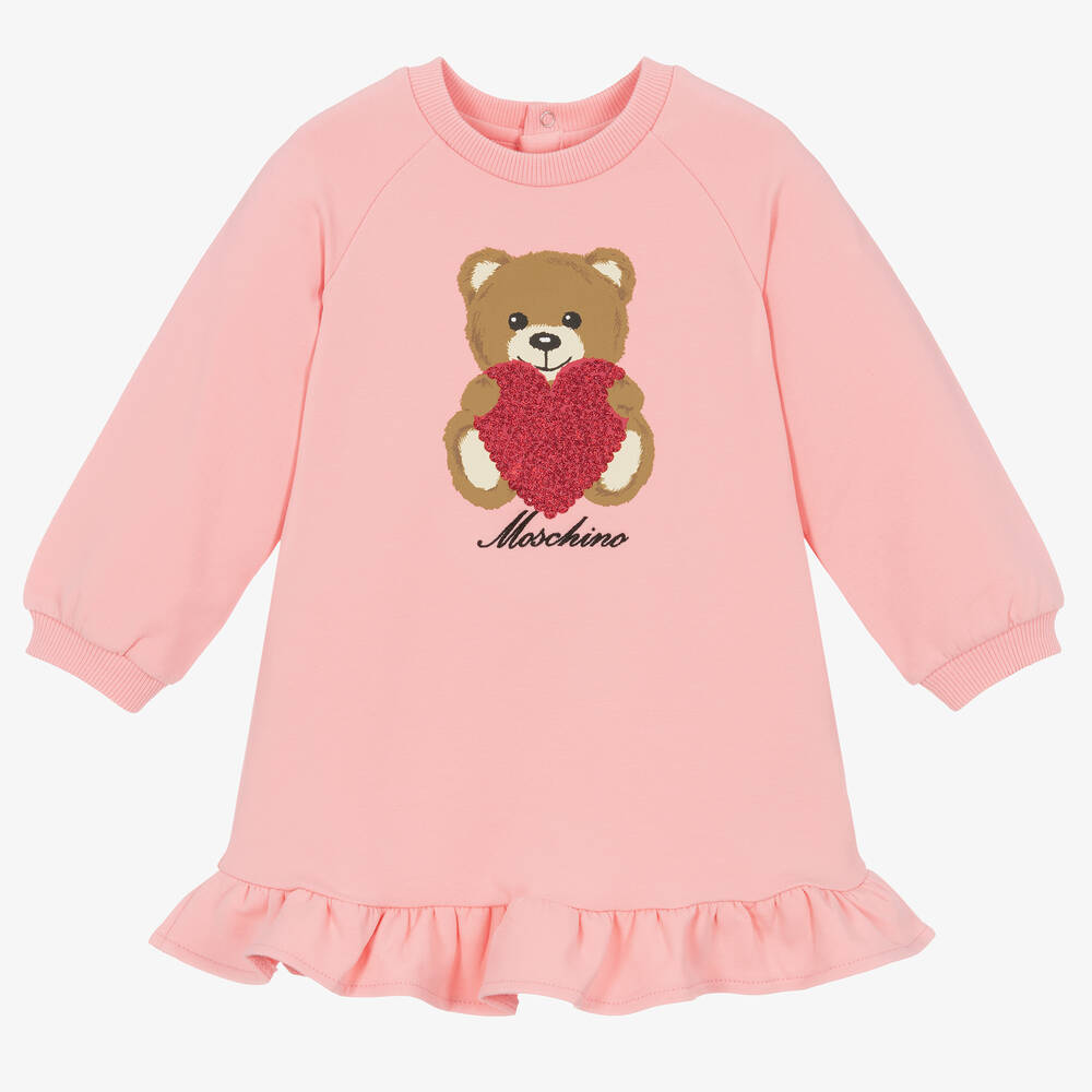 Moschino Baby - Girls Pink Cotton Teddy Bear Heart Dress | Childrensalon