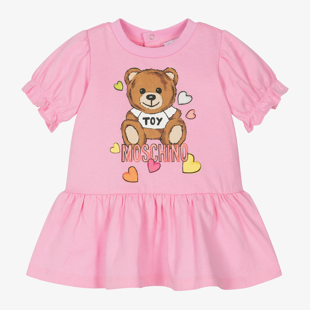Moschino Girls Pink Cotton Teddy Bear Heart Dress Childrensalon Outlet