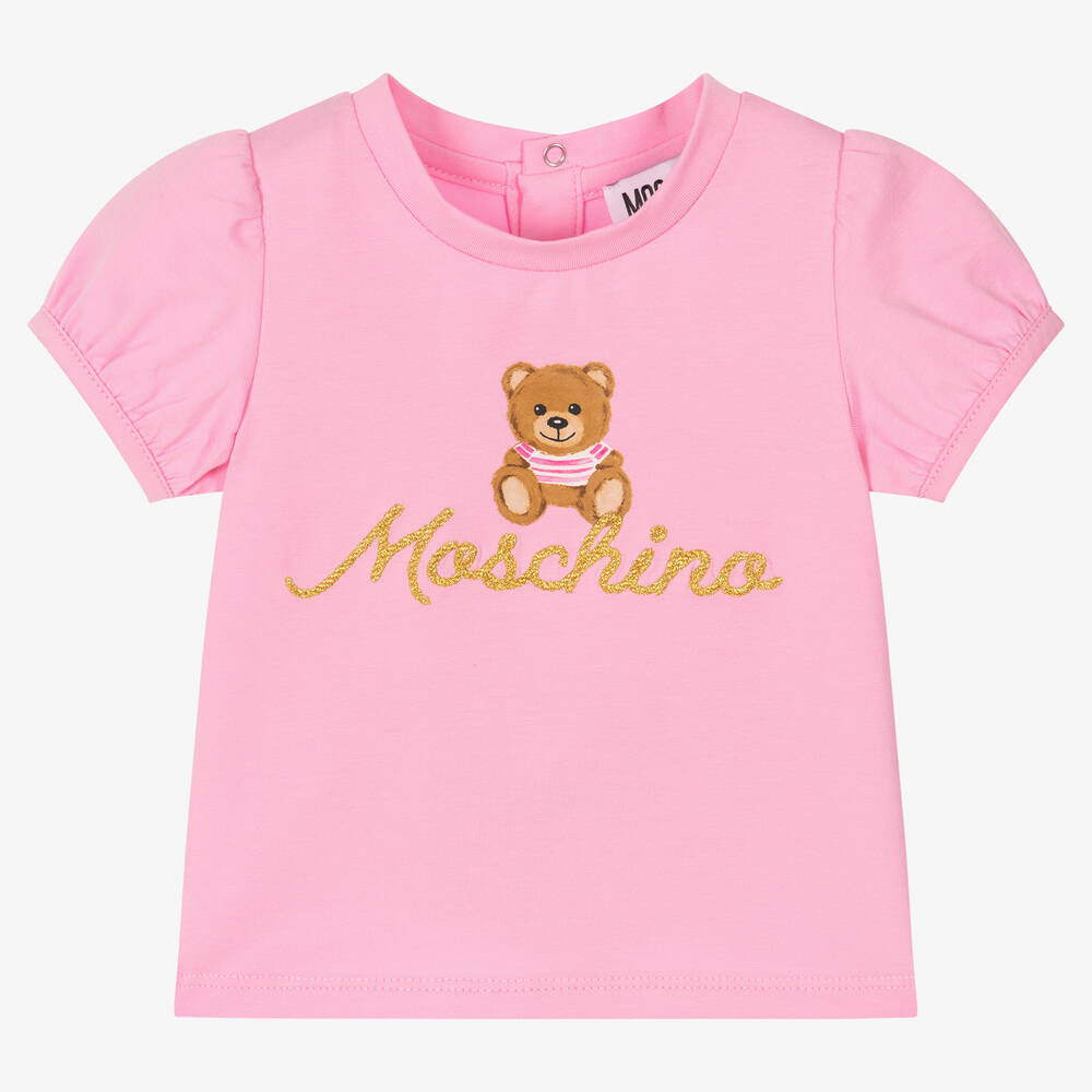 Moschino Baby - Girls Pink Cotton Teddy Bear T-Shirt | Childrensalon